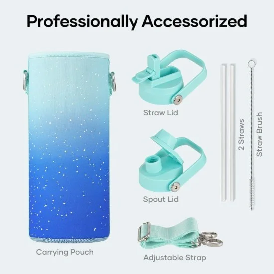 Buzio Duet Series Water Bottle with 2 Lids and Sleeve 1.2L - Starry Blue